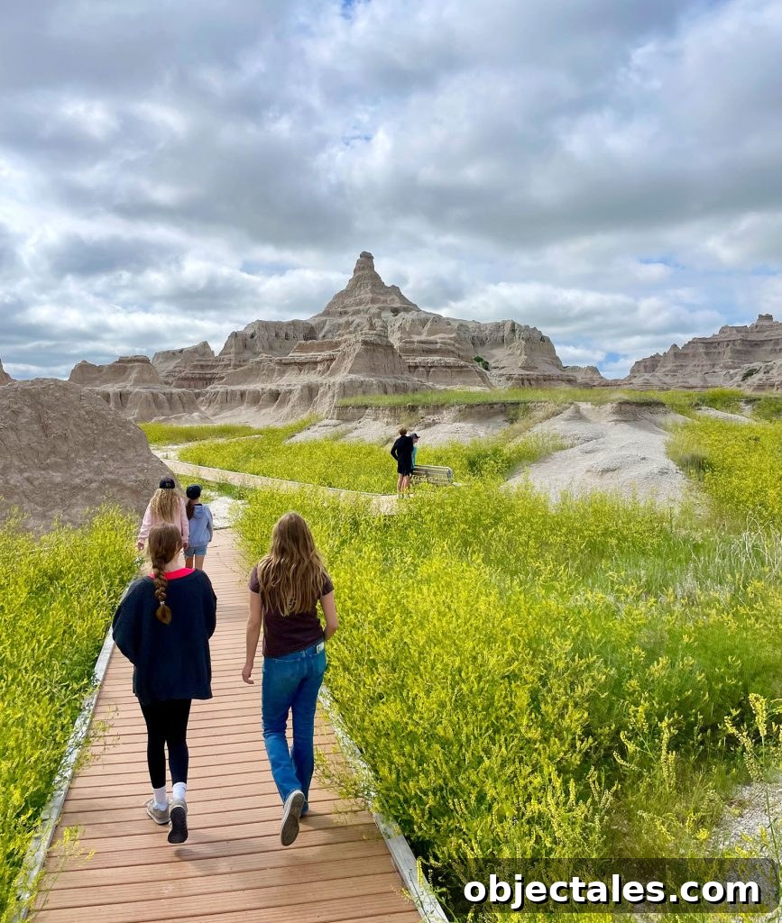 Kids Walking On Boardwalk Hike In Badlands National Park South Dakota