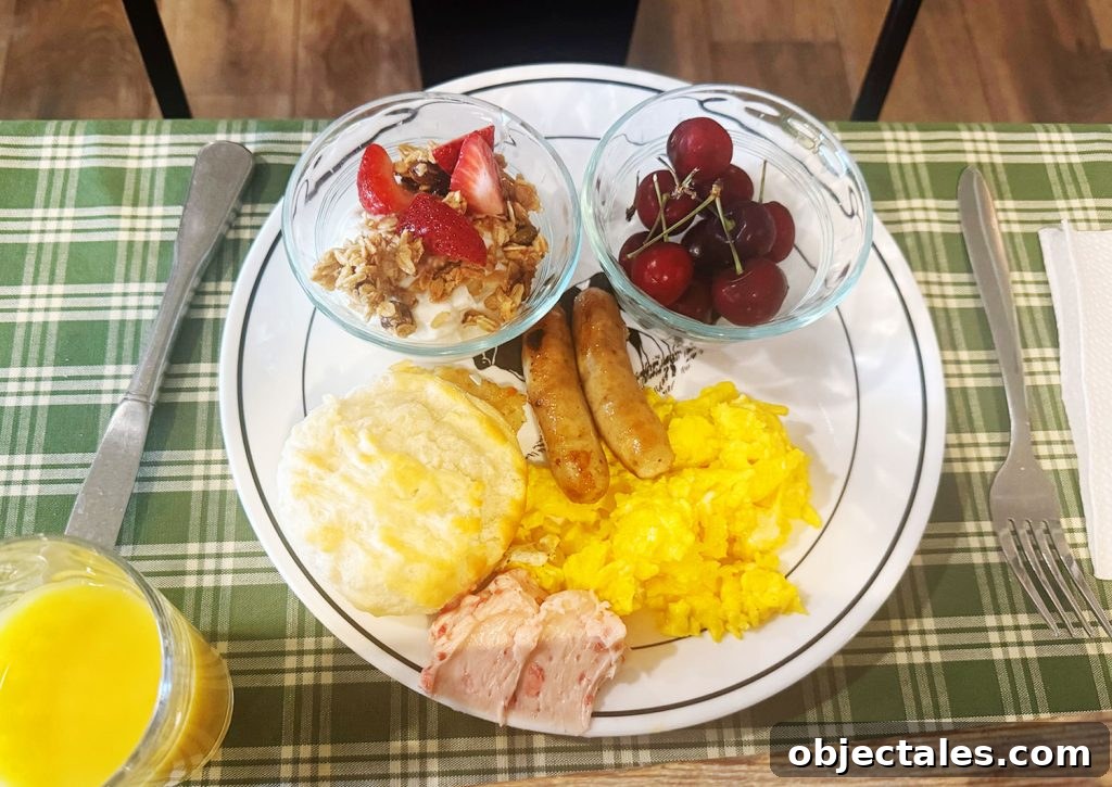 Hearty Midwest Breakfast With Eggs Sausage Biscuits Granola