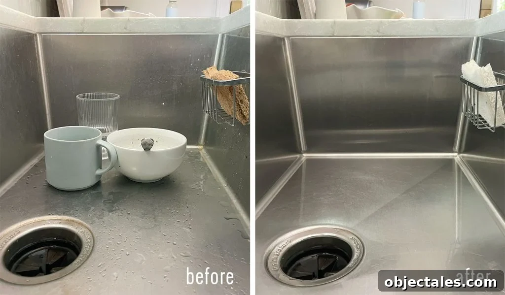 Side by side before and after of dirty and cleaned stainless steel sink