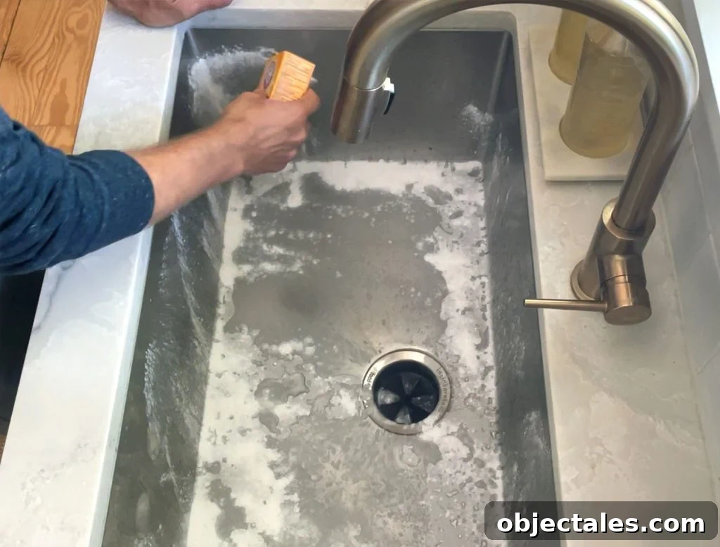 Hand sprinkling baking soda around stainless steel sink to be cleaned