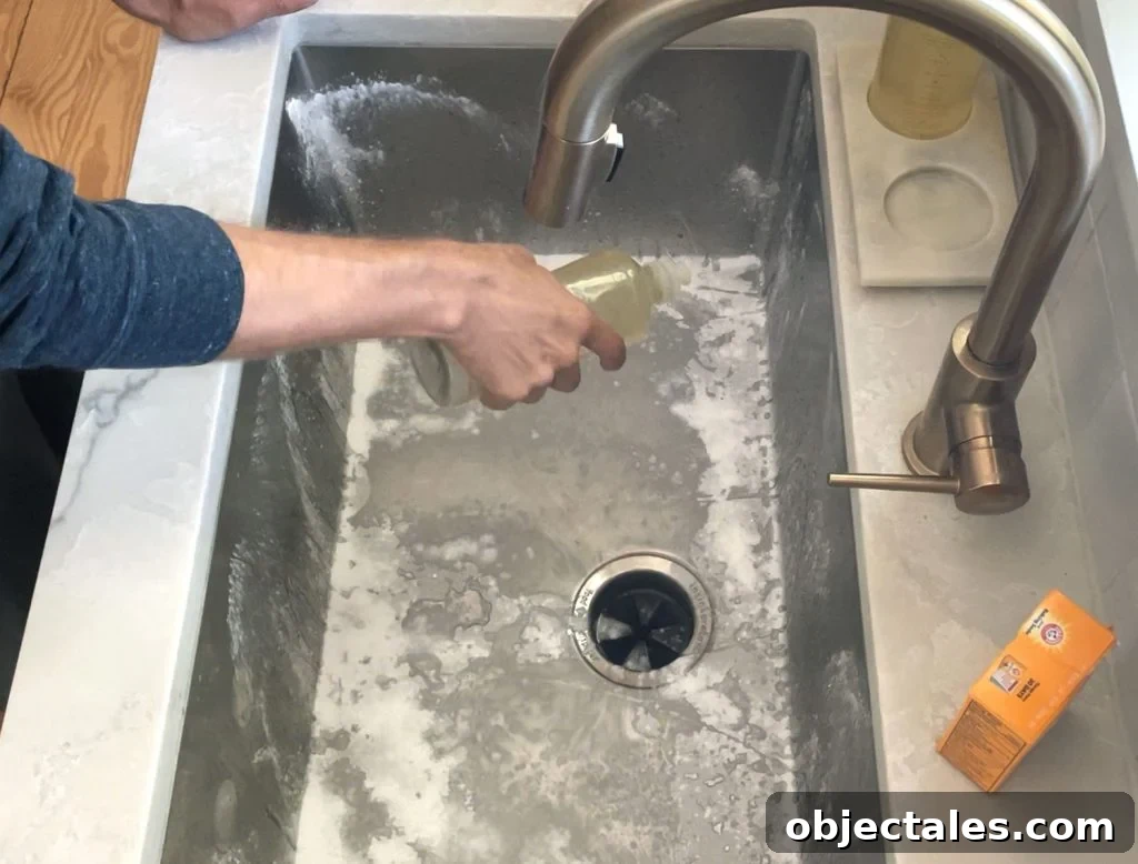 Hand squeezing dish soap into stainless steel sink covered with baking soda