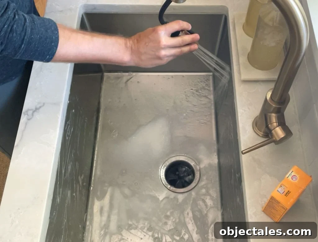 Rinsing stainless steel sink with warm water from faucet