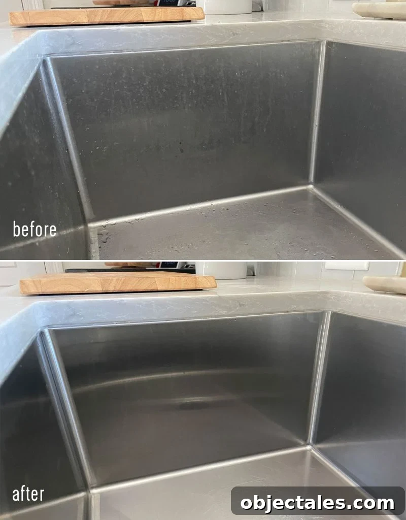 Before and after of dirty and cleaned stainless steel sink