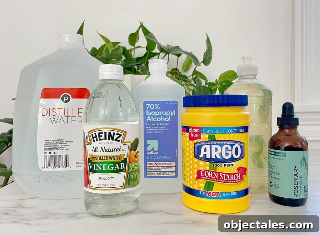 Active Cleaning Ingredients In Homemade Glass Cleaner Distilled Water White Vinegar Rubbing Alcohol CornStartch Dish Soap And Essential Oil