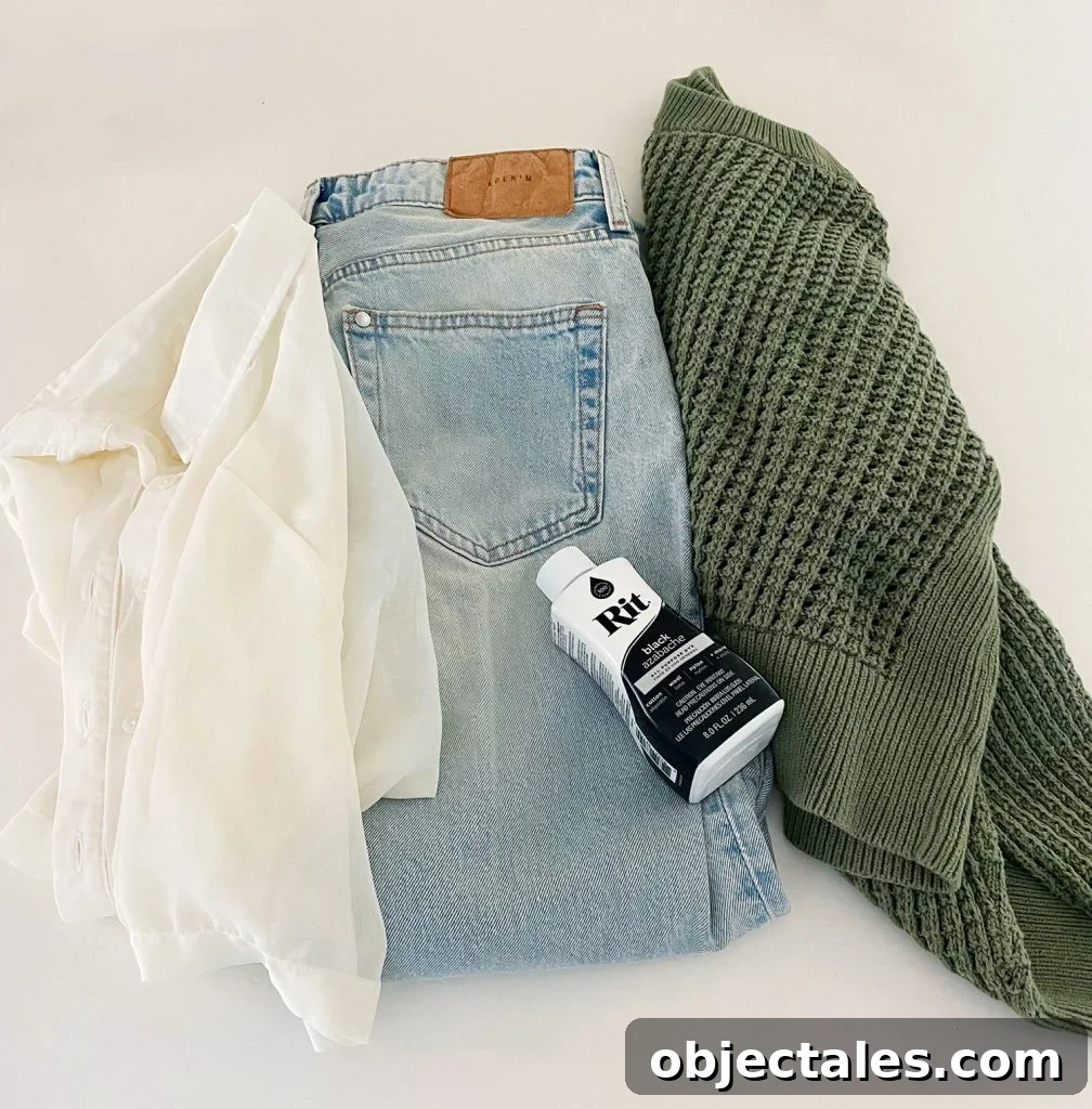 How to Dye Clothes at Home: Step-by-Step Tutorial 2 White Shirt Denim Jeans And Green Sweater To Be Dyed Black With Rit Fabric Dye