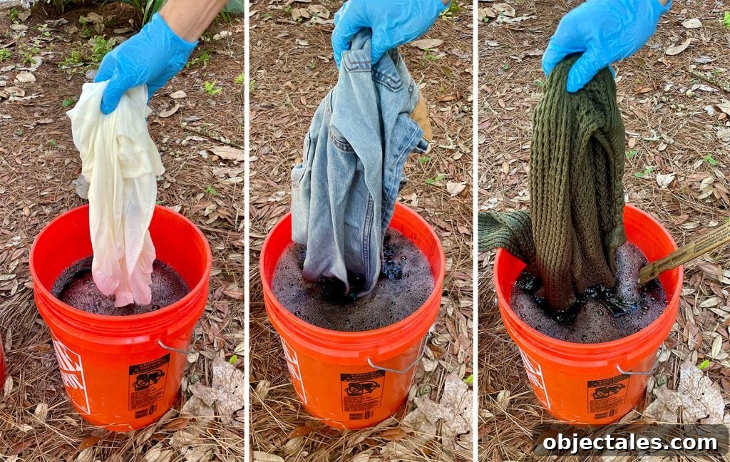 How to Dye Clothes at Home: Step-by-Step Tutorial 10 Adding Three Pieces of Clothing To Black Rit Fabric Dye Bucket