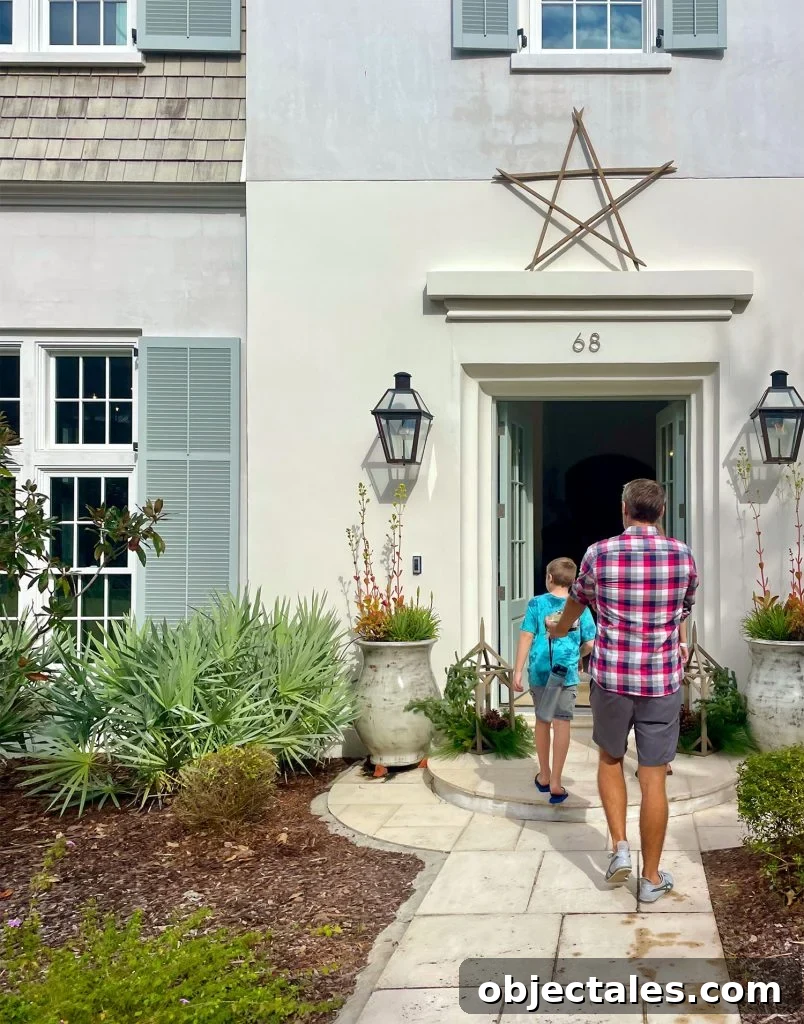 John and Son Walking Into Fancy Open House