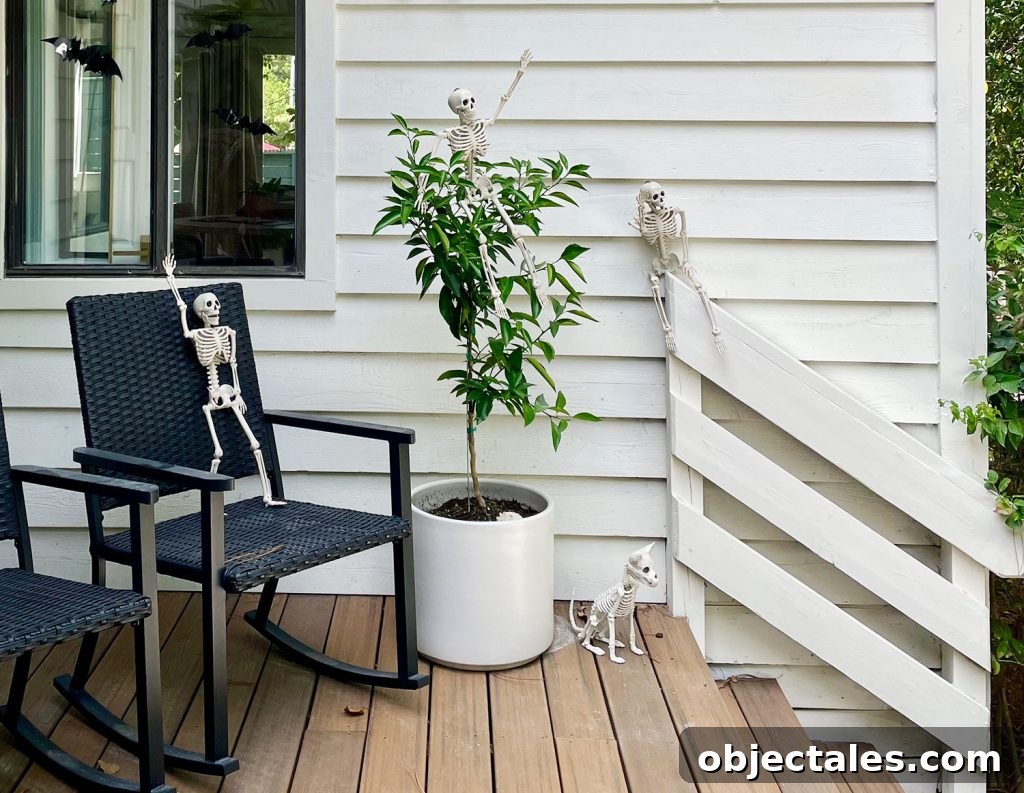 Skeletons On Front Porch Posed In Different Positions