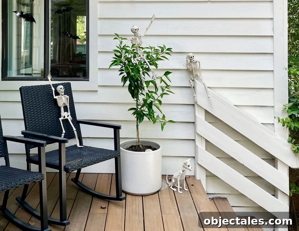 Skeletons On Front Porch Posed In Different Positions