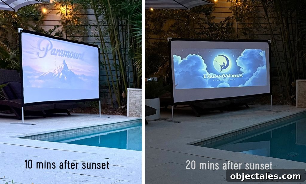 Host an Outdoor Movie Night: Gear Under $200 15 Outdoor screen projection in low light after sunset and full darkness after sunset