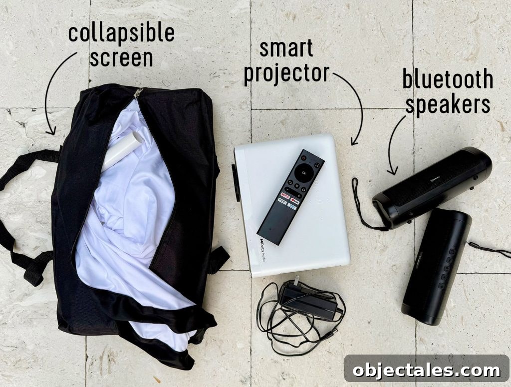 Host an Outdoor Movie Night: Gear Under $200 3 3 Items needed for an outdoor movie night collapsible screen smart projector and bluetooth speakers