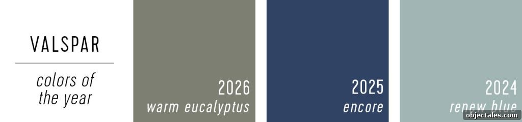Valspar Color of the Year Selections 2026 Warm Eucalyptus 2025 Encore 2024 Renew Blue