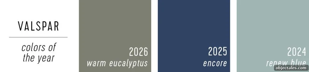 Valspar Color of the Year Selections 2026 Warm Eucalyptus 2025 Encore 2024 Renew Blue