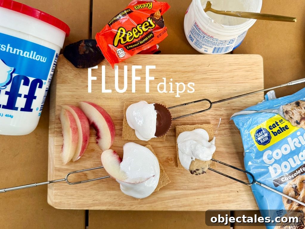 Upraded Smores With Marshmallow Fluff Dips with Peaches Cookie Dough and Reeses Peanut Butter