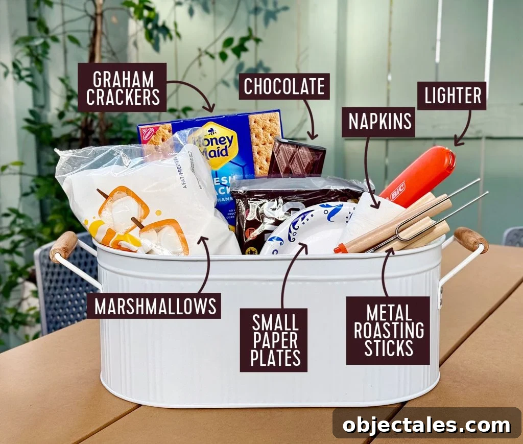 Smores Supply Kit In Metal Tin With Ingredients Lighter Plates Napkins And Metal Roasting Sticks