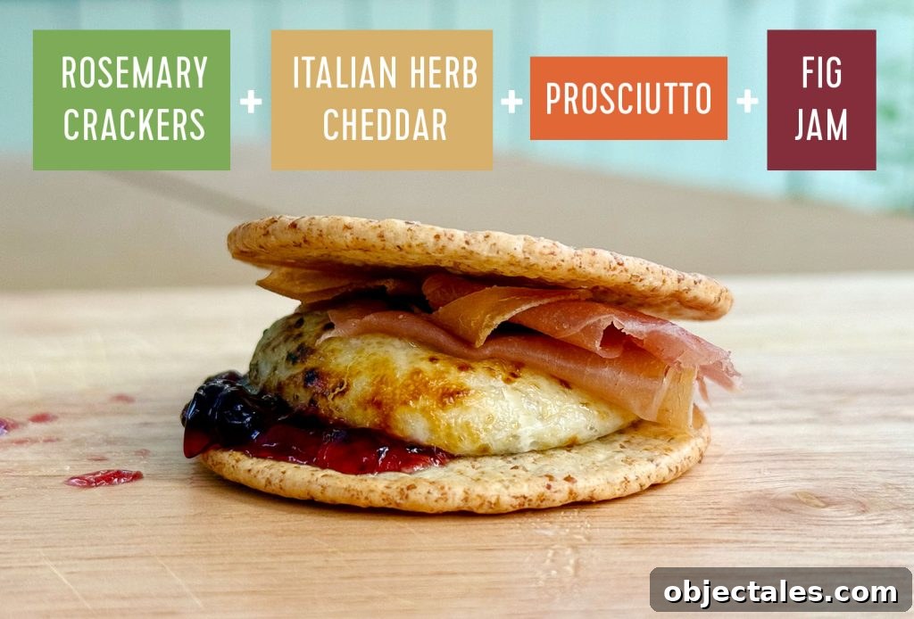 Upgraded Savory Smores With Rosemary Cracker Italian Herb Cheddar Proscuitto and Fig Jam