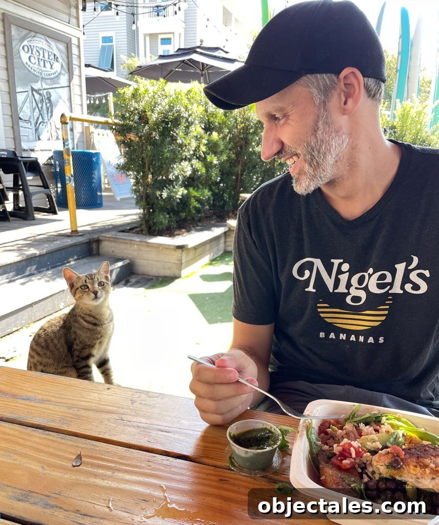 John Eating Lunch Next To Boy Cat At Patio Restaurant
