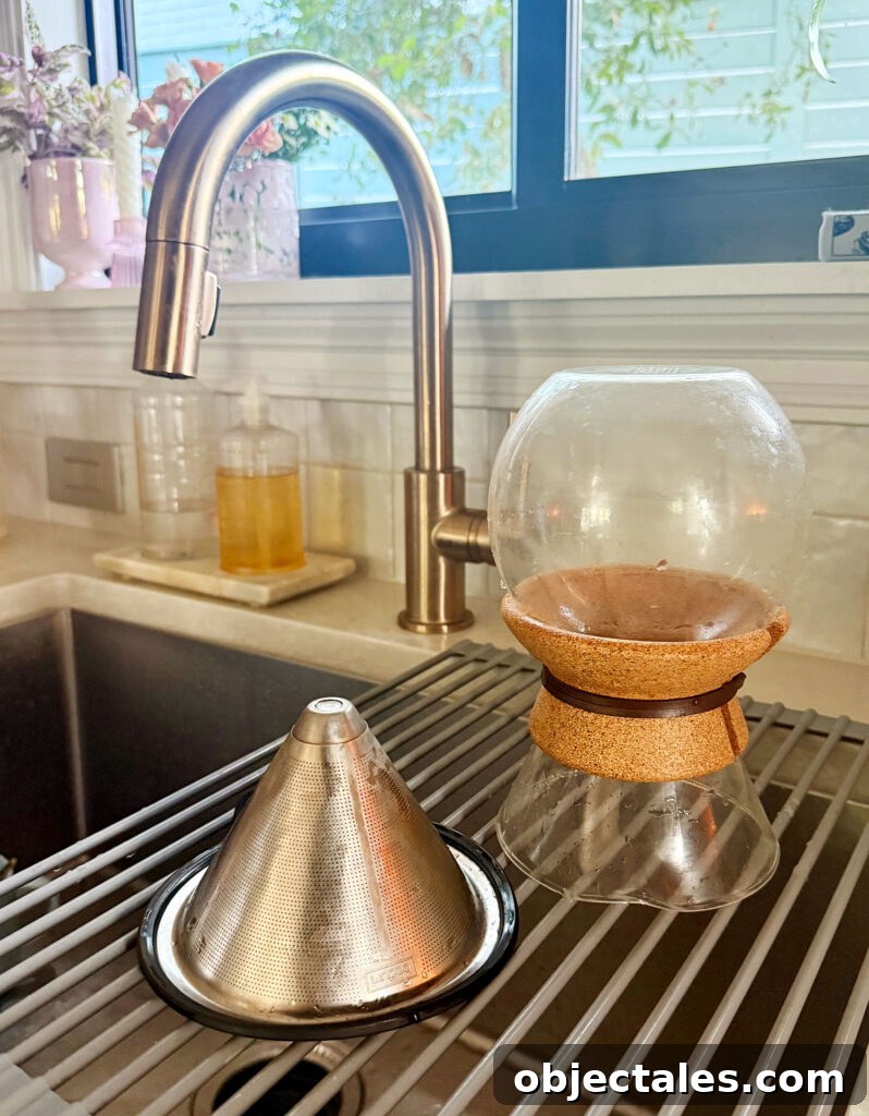 Boden Pour Over Coffee Maker Drying On Over Sink Drying Rack