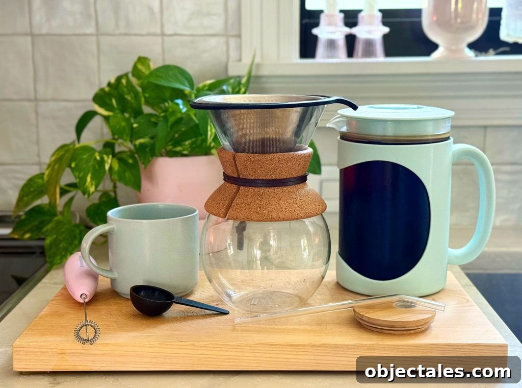 Supplies We Use To Make Coffee At Home Including Pour Over Coffee Maker and Cold Brew