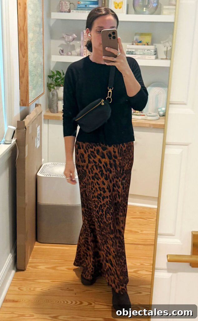 Sherry Mirror Selfie In Outfit For Italy Black Sweater Leopard Maxi Skirt
