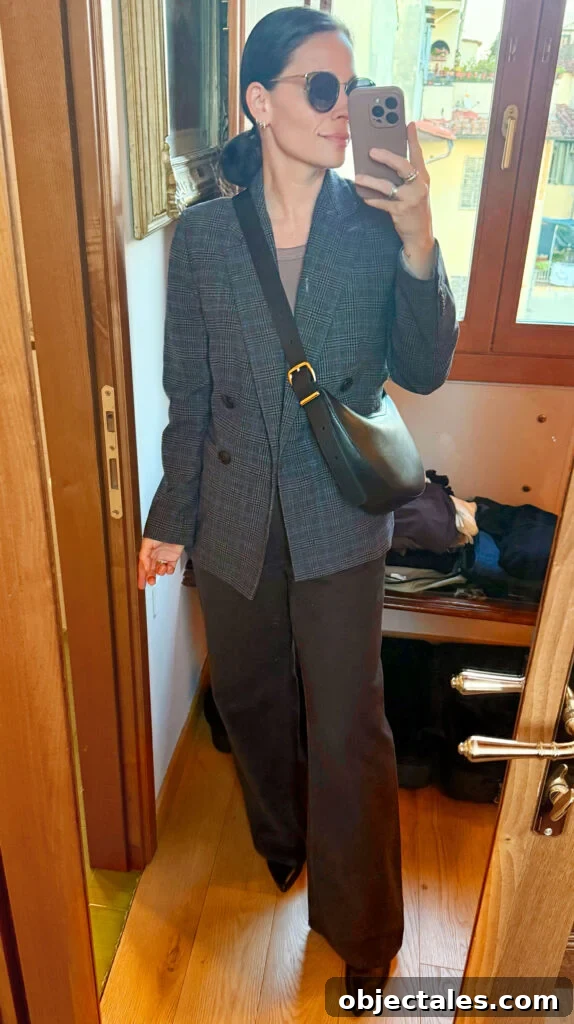 How I Packed One Carry-On for Two Weeks in Italy 12 Sherry Mirror Selfie In Outfit For Italy Tweed Blazer Brown Pants