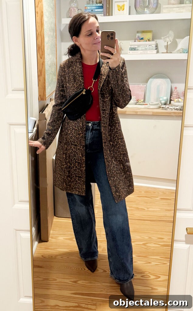 Sherry Mirror Selfie In Outfit For Italy Red Tank Leopard Jacket Jeans