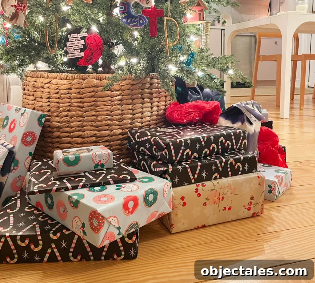 Close Up Of Christmas Presents Under A Tree With Woven Tree Skirt
