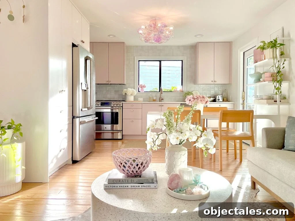 Renovating Our Home After Five Years 14 Small Ikea Kitchen With Mauve Cabinets And Seating Area With Terrazzo Coffee Table