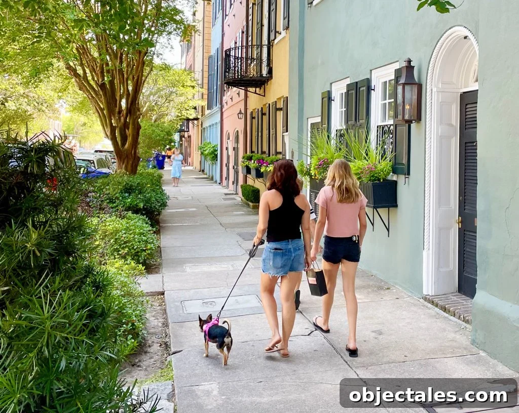 Family-Friendly Spring Break Destinations 4 Family With Dog And Children Walking On Rainbow Row In Charleston South Carolina