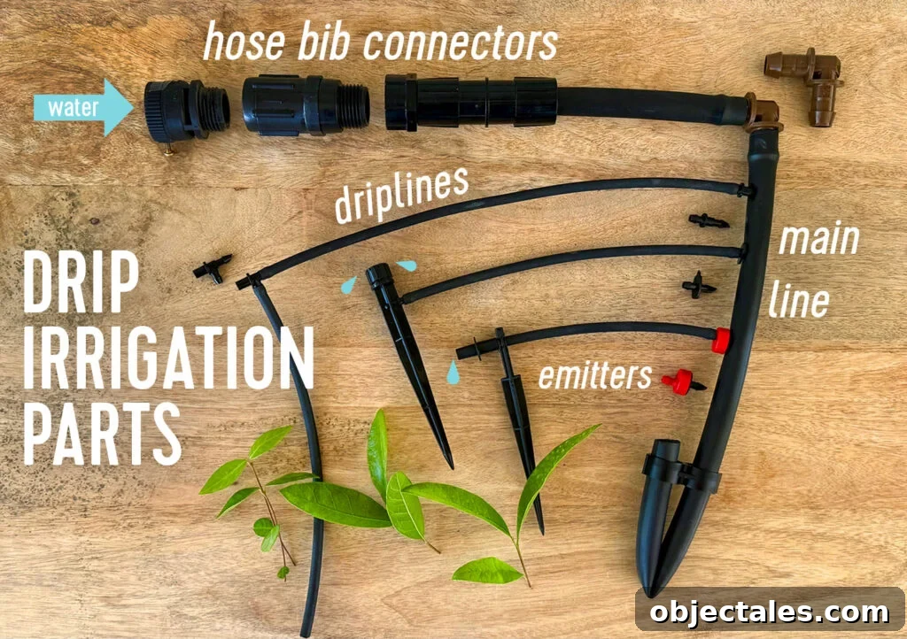 Drip Irrigation Installation: Step-by-Step for Your Garden 4 Part For Drip Irrigation System Including Hose Bib Connectors Tubing and Emitters