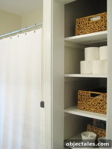 After: organized open shelves with baskets