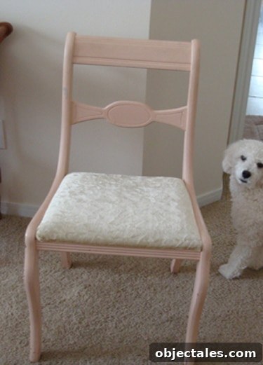 chair-before Antique chair before makeover with peach crushed velvet seat
