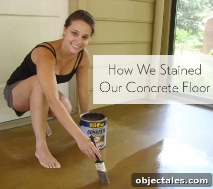 Step-by-Step Guide to Staining a Concrete Floor 2 how to stain a concrete floor in a sunroom using Behr concrete stain and a paintbrush