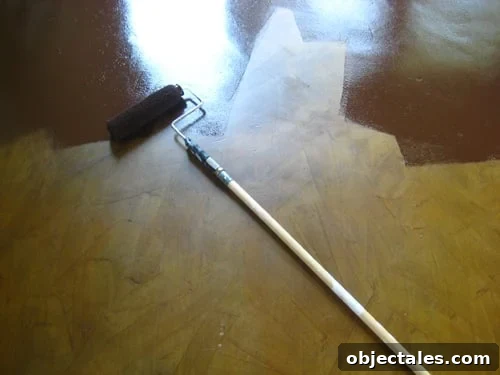 Step-by-Step Guide to Staining a Concrete Floor 3 painting over a stained concrete floor with a roller