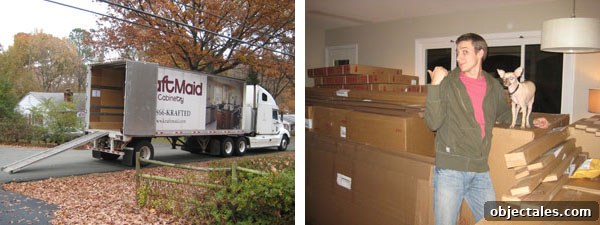Kitchen cabinet boxes stacked in the living room