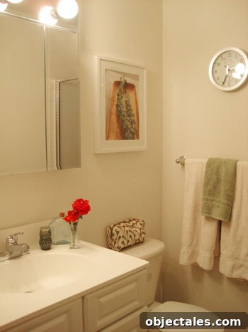 quickbathroommakeoverafter After bathroom with green accents and a pop of red