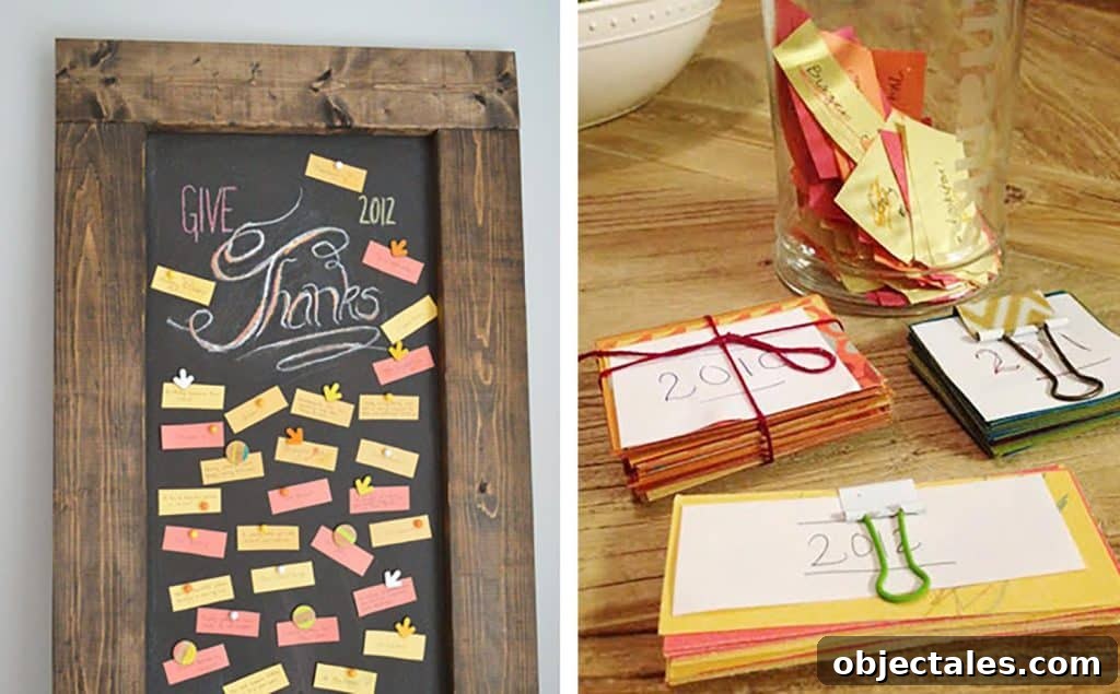 Thanksgiving chalkboard and pile of gratitude notecards from Thanks Jar