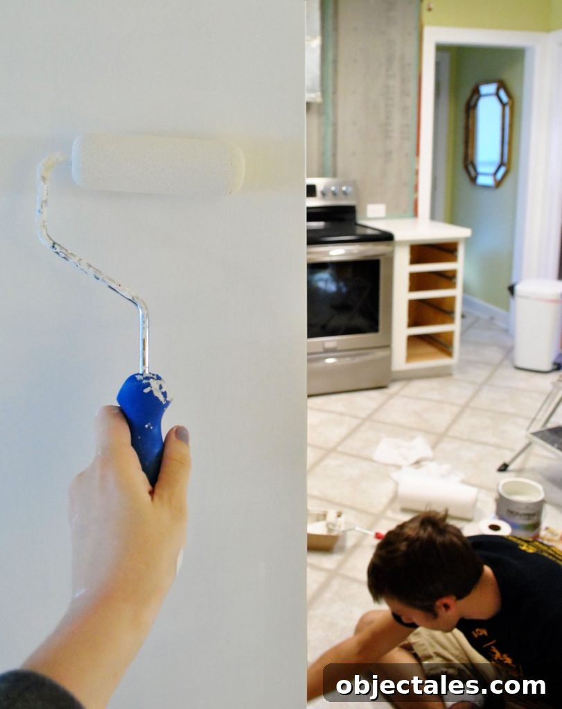 Handing Painting Cabinet Box With Foam Roller