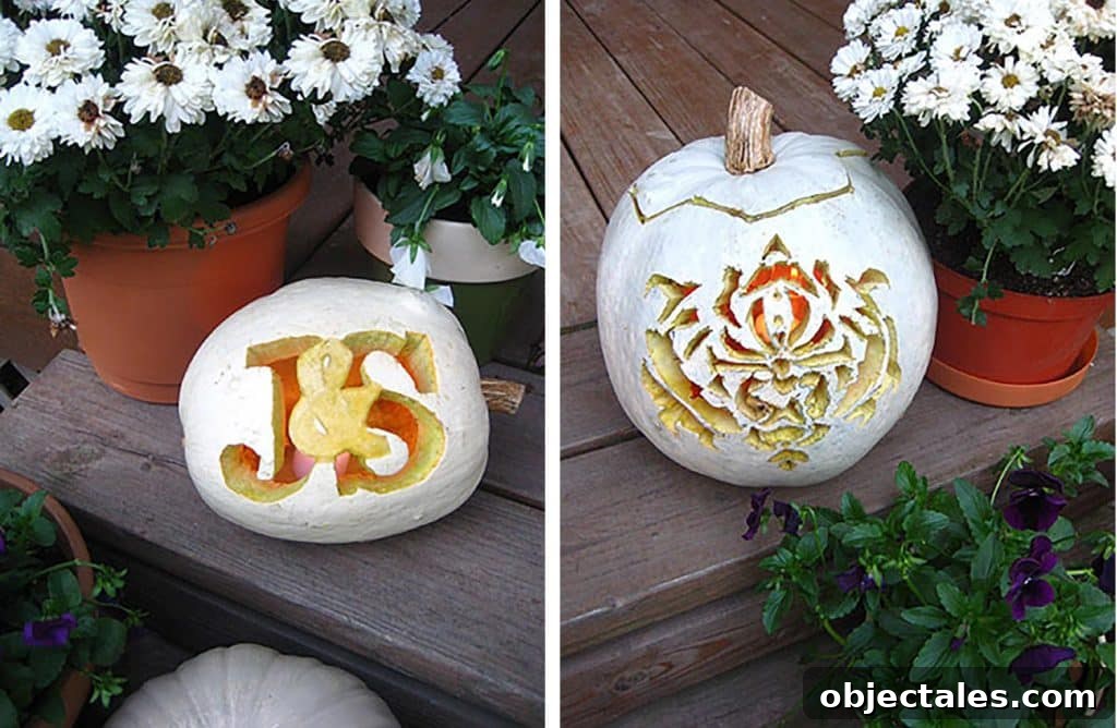 Couples monogram carved pumpkin and damask pattern jack-o-lanter