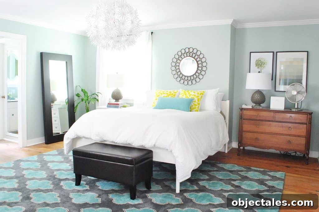 Colorful blue bedroom with no headboard