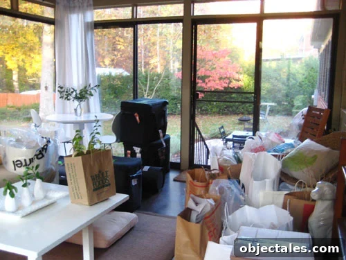 Sunroom filled with props and photography equipment