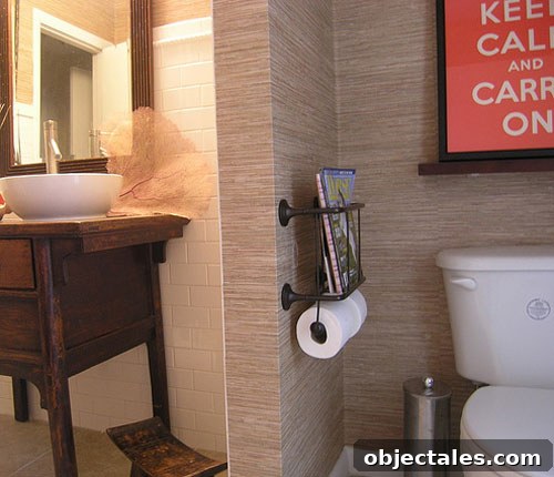 Bright renovated bathroom showing custom storage and vintage accents