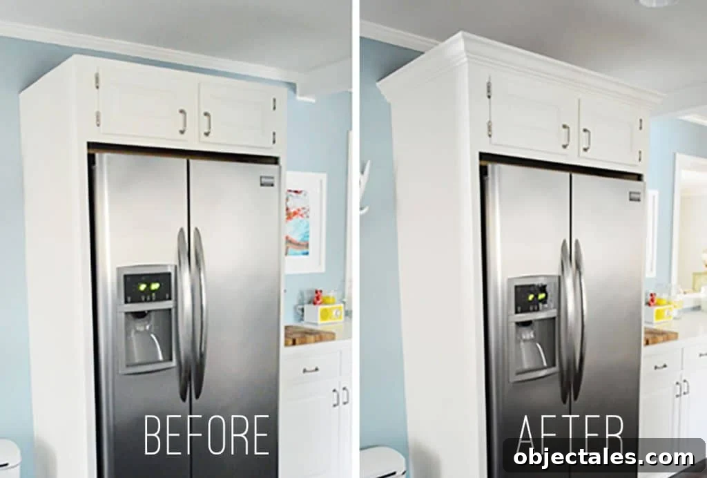 Install Crown Molding on Cabinets: DIY Step by Step Guide 12 Side-by-side before & after of white refrigerator cabinets during crown molding installation