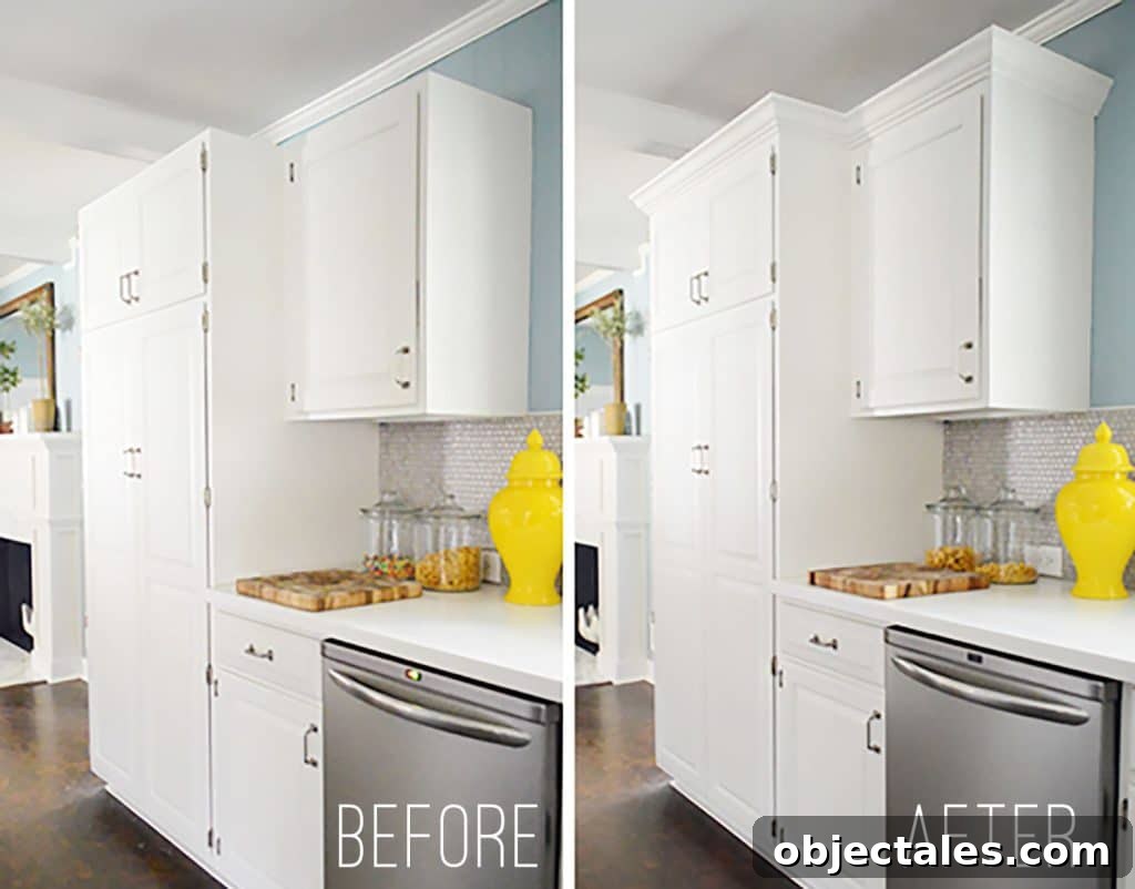 Install Crown Molding on Cabinets: DIY Step by Step Guide 13 Side-by-side before & after of white kitchen cabinets during crown molding installation