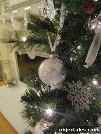 ornaments tied with thin white ribbon