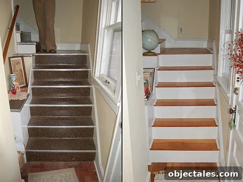 stairway-transformation Before and after stairway transformation showing updated trim and fresh paint