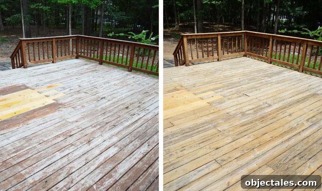 How to Strip a Deck for Staining: Remove Old Finish 2 Side by Side of old wood deck before and after stain was stripped