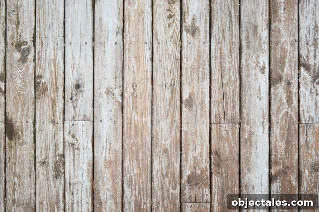 Worn wood deck with splotchy stain finish