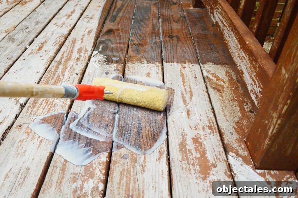 How to Strip a Deck for Staining: Remove Old Finish 10 Rolling deck finish stripper onto wood deck
