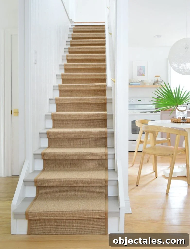Finish Sisal Stair Runner On Staircase With Kitchen In Background